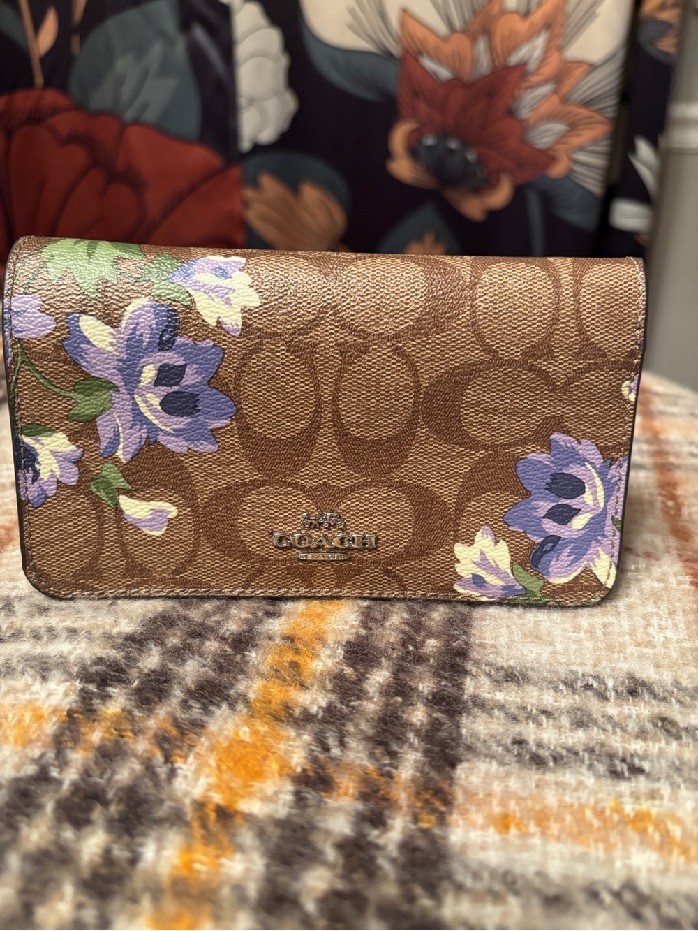 Coach Brown Signature Floral Continental Wallet with Purple and Cream Flowers